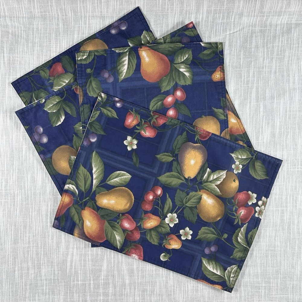 Vintage Handmade Placemats Set Of 4 Cranston Fruit Fabric Handmade MCM Blue